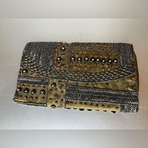 KC Malhan Brown Beaded Small Clutch Made in India Cotton Lined Twill Fabric